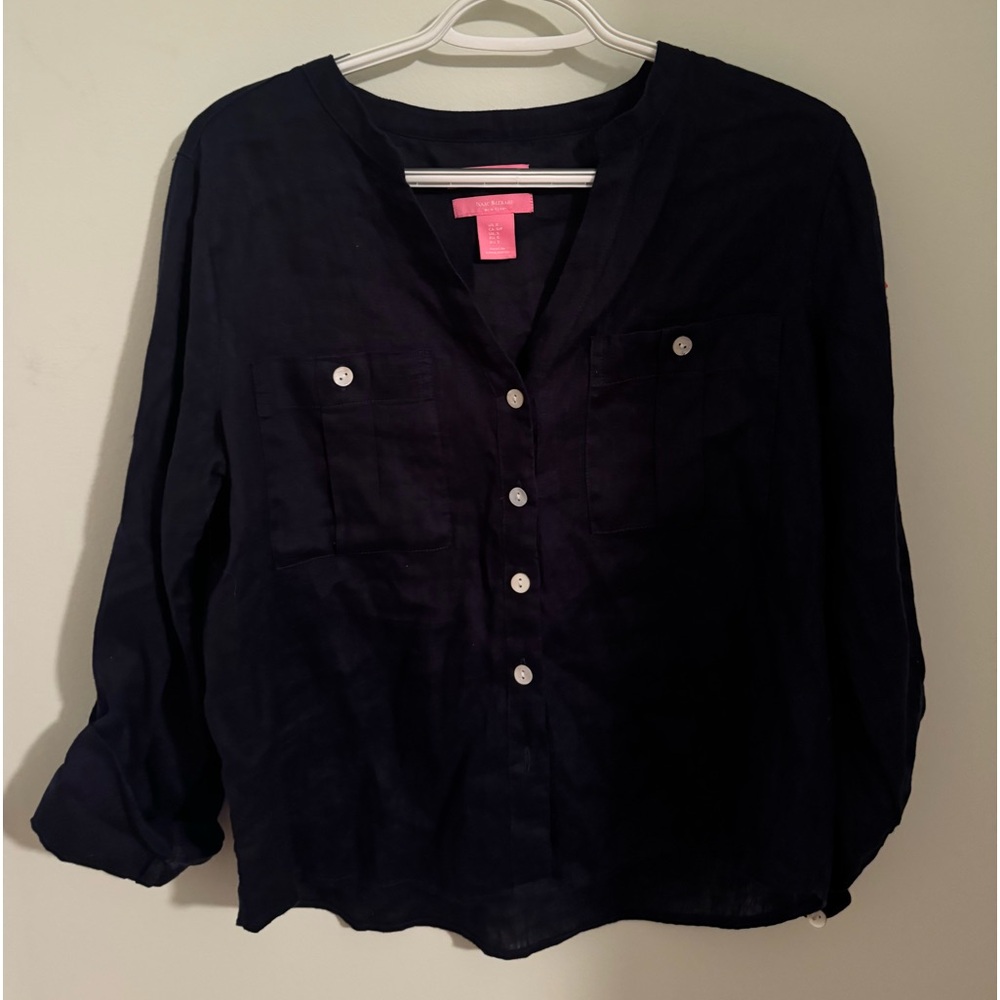 Navy Blue Issac Mizrahi button-up blouse with 3/4 sleeves
